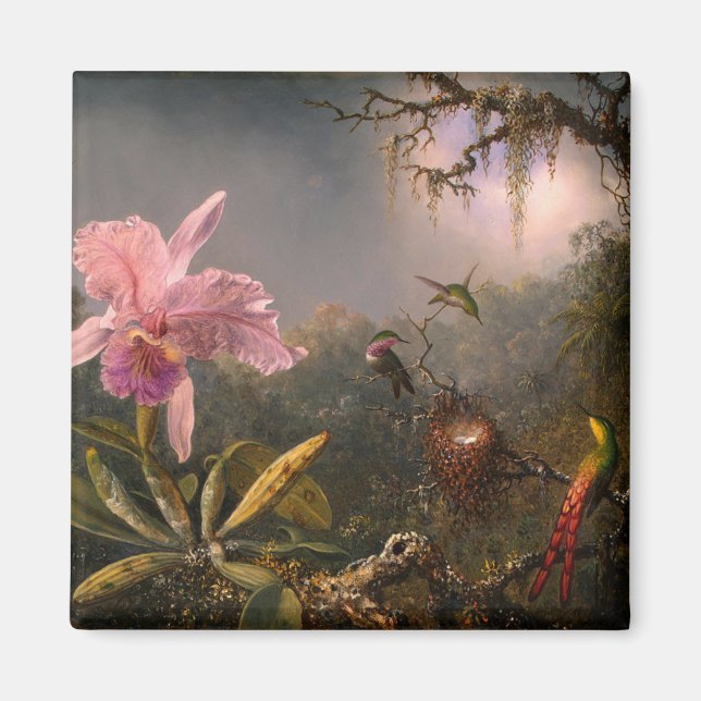 Aimant Orchidée de Cattleya et trois colibris (Heade) (Devant)