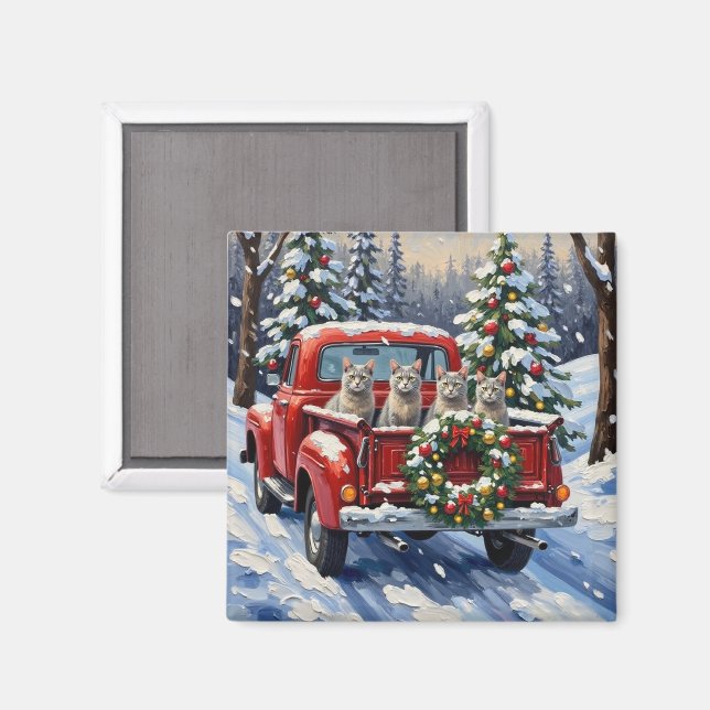 Aimant Oriental Blue Cat Christmas Red Truck Holiday (Recto/Verso)