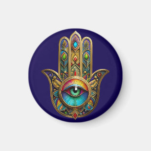 Aimant Orné Hamsa Coloré Or Sur Fond Rouge Troisième Œil 