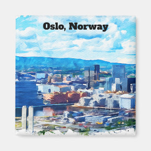 Aimant Oslo Norvège Peinture Aquarelle Vue panoramique