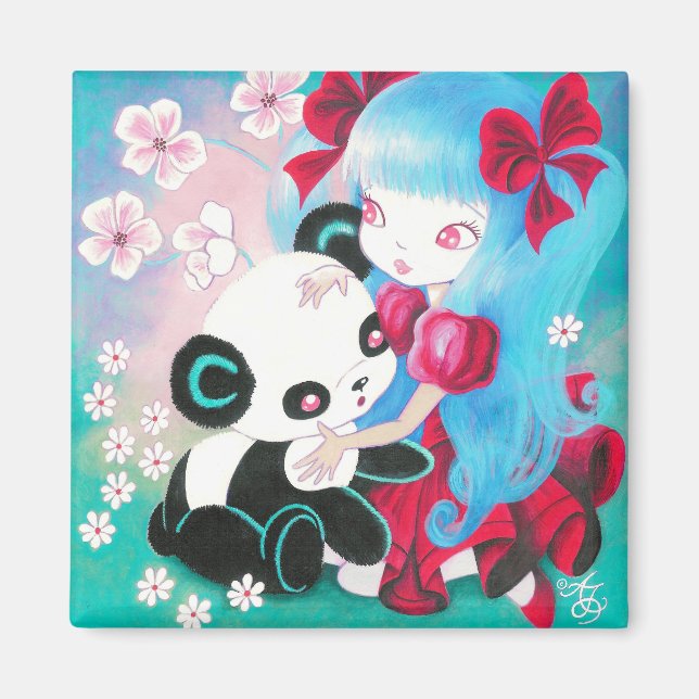 Aimant Ours de panda avec fille Kawaii (Devant)