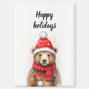 Aimant Ours d'hiver dans un Casquette rouge cosy