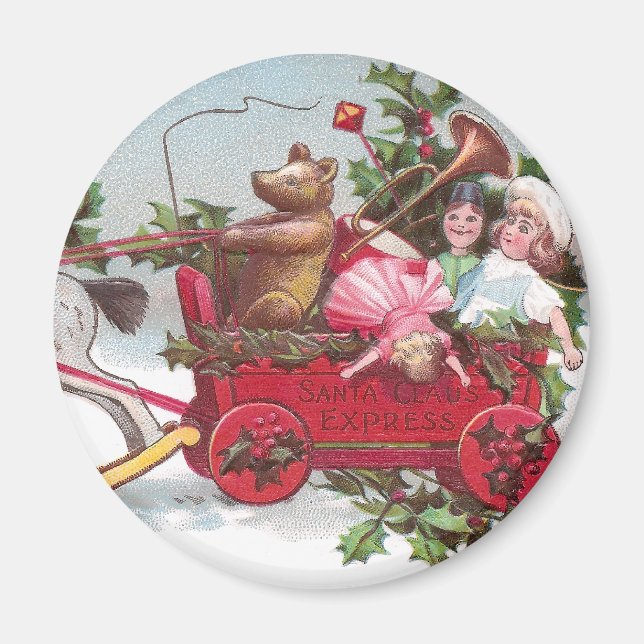 Aimant Ours en peluche, poupées et Wagon Noël vintage (Devant)