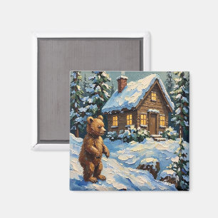 Aimant Ours en peluche vintage à la cabane de pin enneigé