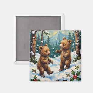 Aimant Ours en peluche vintage jouant dans un Noël enneig