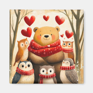 Aimant Ours et famille de hiboux cosy en forêt en hiver