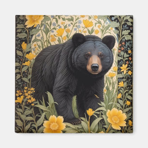Aimant Ours Noir Et Fleurs De Beurre Jaune