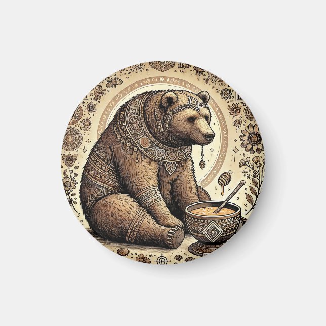 Aimant Ours Orné Entouré de Mandala et de Miel  (Devant)