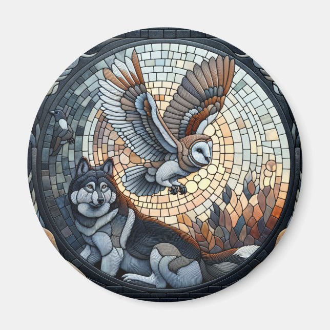 Aimant Owl et Loup Mosaic Ai Art  (Devant)