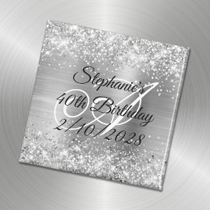 Aimant Pailleté Argent et Monogramme Feuille 40e Annivers