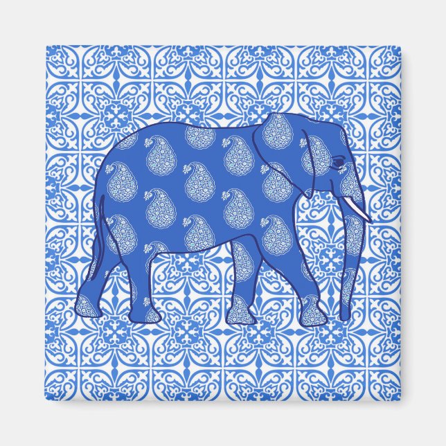 Aimant Paisley éléphant - bleu cobalt et blanc (Devant)