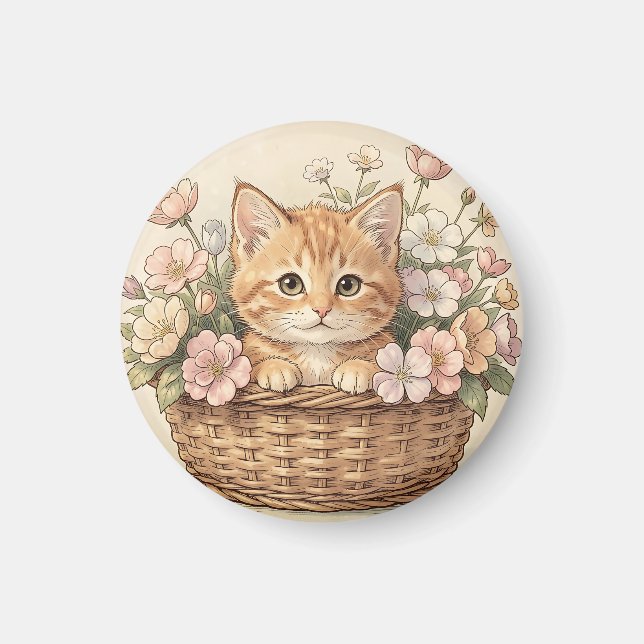 Aimant Panier de fleurs avec un adorable chaton roux (Devant)