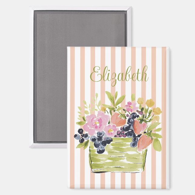 Aimant Panier de fruits et fleurs à l'aquarelle sur rayur (Recto/Verso)