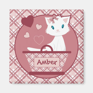 Aimant Panier de tartan rose pastel avec chaton blanc mig