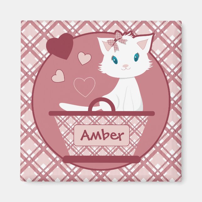 Aimant Panier de tartan rose pastel avec chaton blanc mig (Devant)