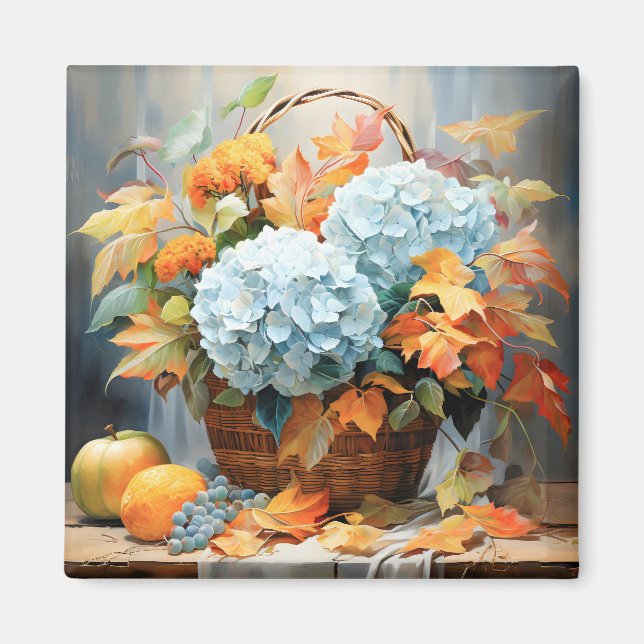 Aimant Panier Floral d'Automne à l'Aquarelle Rustique (Devant)