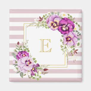Aimant Pansies Vintages florales Monogrammes Rayures viol