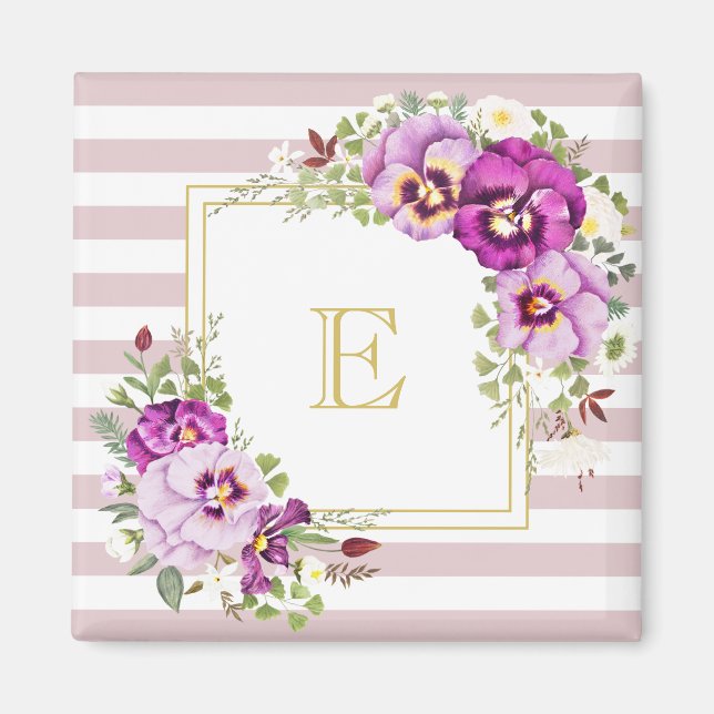 Aimant Pansies Vintages florales Monogrammes Rayures viol (Devant)