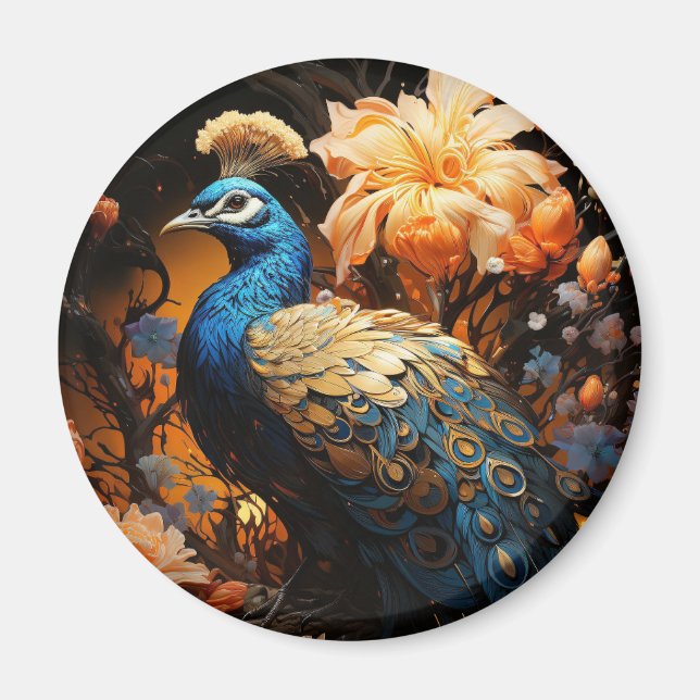 Aimant Paon bleu et or IA Généré (Devant)