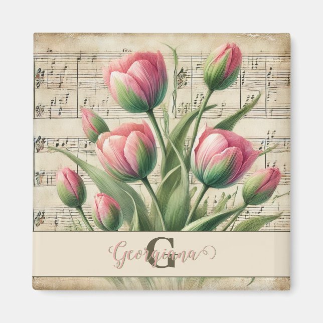 Aimant Papier à musique vintage tulipes roses et vertes M (Devant)