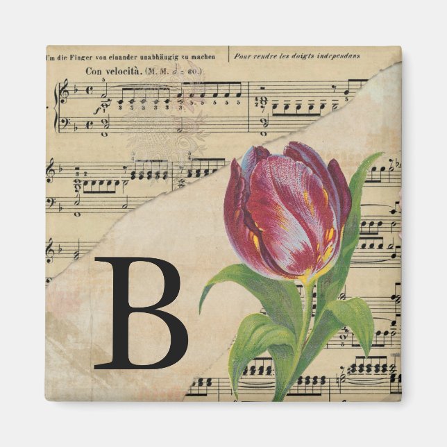 Aimant Papier Musique Tulipe Violette Monogramme Initial  (Devant)