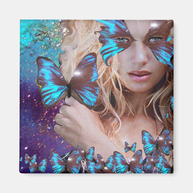 AIMANT PAPILLON BLEU DANS DES ÉTOINCELLES DE TEAL VERT OR (Devant)