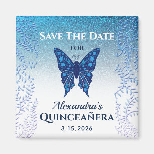 Aimant Papillon Bleu Quinceañera Enregistrez la Date