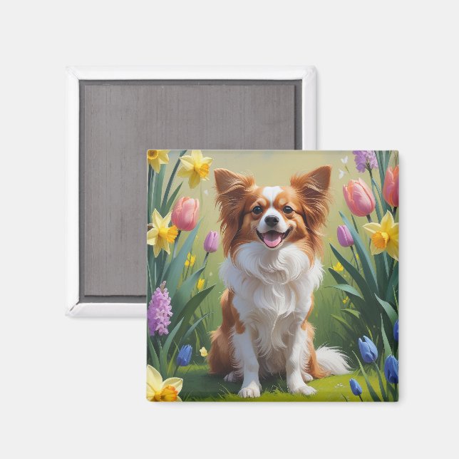Aimant Papillon Chien Peinture Fleurs de Printemps  (Recto/Verso)