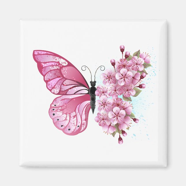 Aimant Papillon de fleurs avec Sakura rose (Devant)