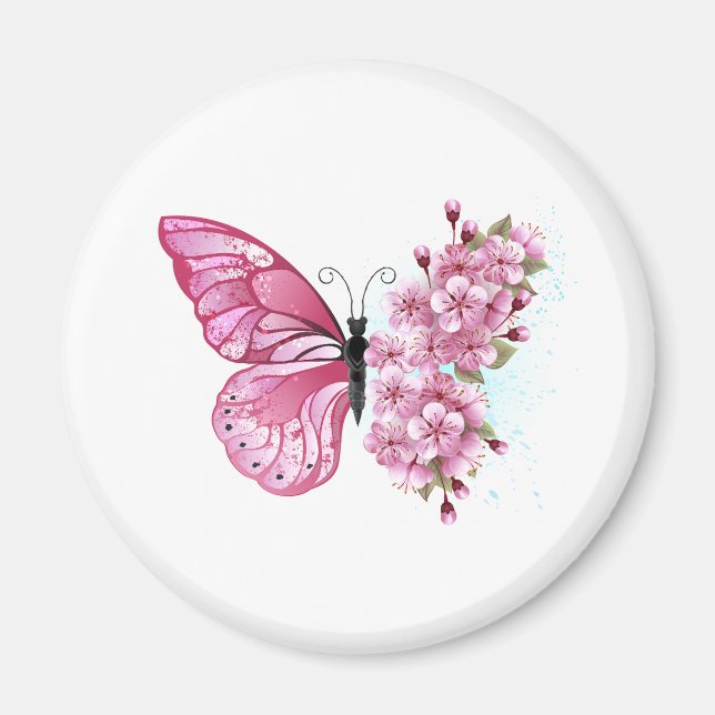 Aimant Papillon de fleurs avec Sakura rose (Devant)