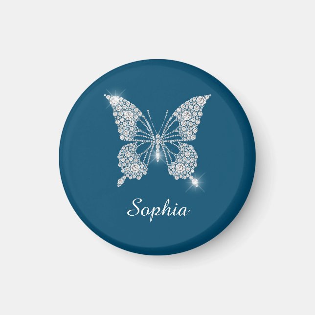 Aimant Papillon Diamant Blanc, Nom de Script, Bleu Océan (Devant)