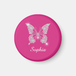 Aimant Papillon Diamant Blanc, Nom de Script, Fuchsia