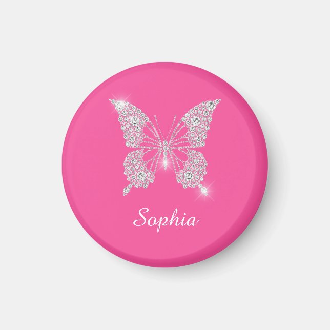 Aimant Papillon Diamant Blanc, Nom de Script, Rose (Devant)