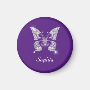 Aimant Papillon Diamant Blanc, Nom de Script, Violet Roya