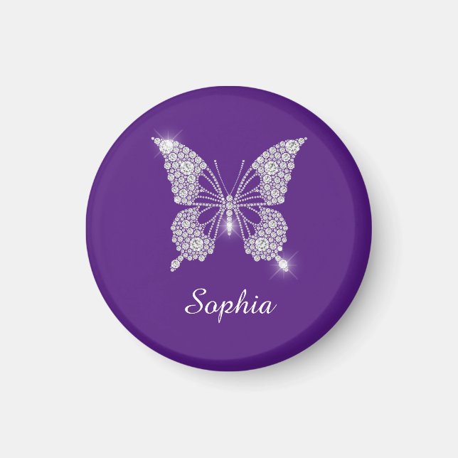 Aimant Papillon Diamant Blanc, Nom de Script, Violet Roya (Devant)
