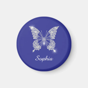 Aimant Papillon Diamant Blanc, Nom en écriture, Bleu Prof
