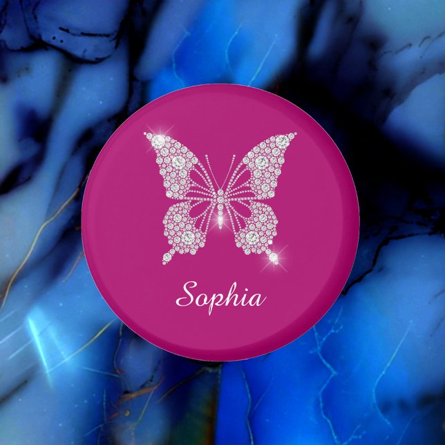 Aimant Papillon Diamant Blanc, Nom en écriture, Fuchsia P (Créateur téléchargé)
