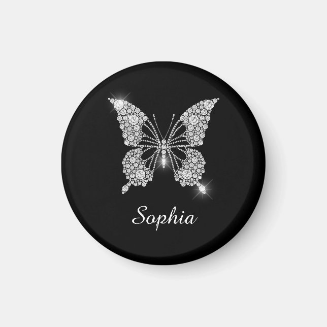 Aimant Papillon Diamant Blanc, nom en script personnalisé (Devant)