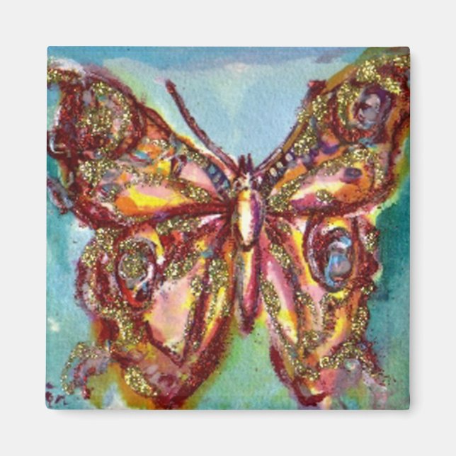 AIMANT PAPILLON D'OR EN BLEU (Devant)