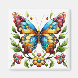 Aimant Papillon en vitrail coloré avec fleurs