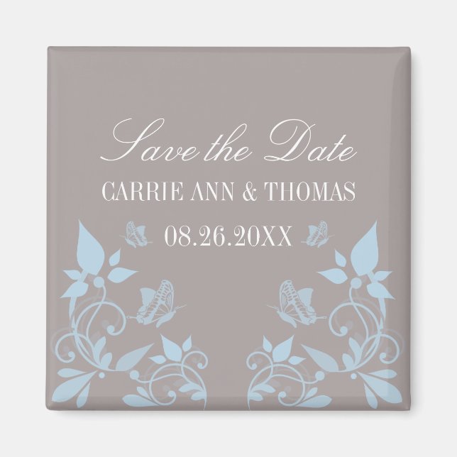 Aimant Papillon floral Enregistrer l'aimant de date, bleu (Devant)