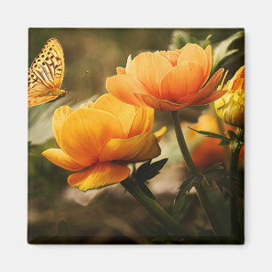 Aimant Papillon orange et fleurs