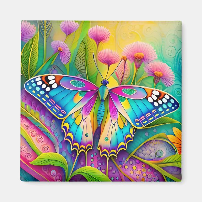 Aimant Papillon Psychédélique Coloré et Fleurs Sauvages  (Devant)