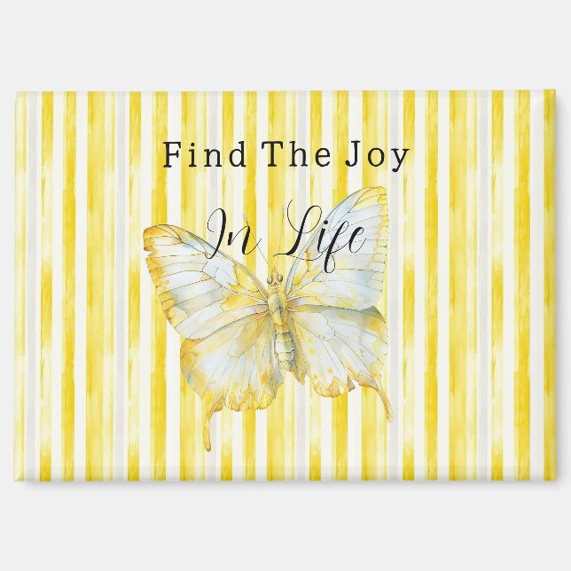 Aimant Papillon Rayures Blanches Jaune Citron Trouve Joie (Recto)