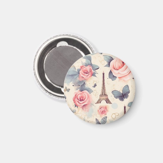 Aimant Papillon Tour Eiffel et Motif Rose (Recto/Verso)