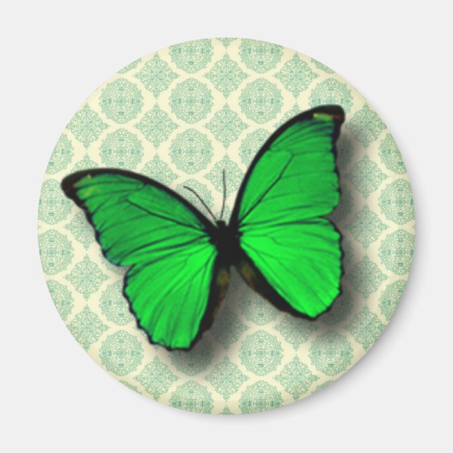 Aimant Papillon vert sur Motif Vintage (Devant)