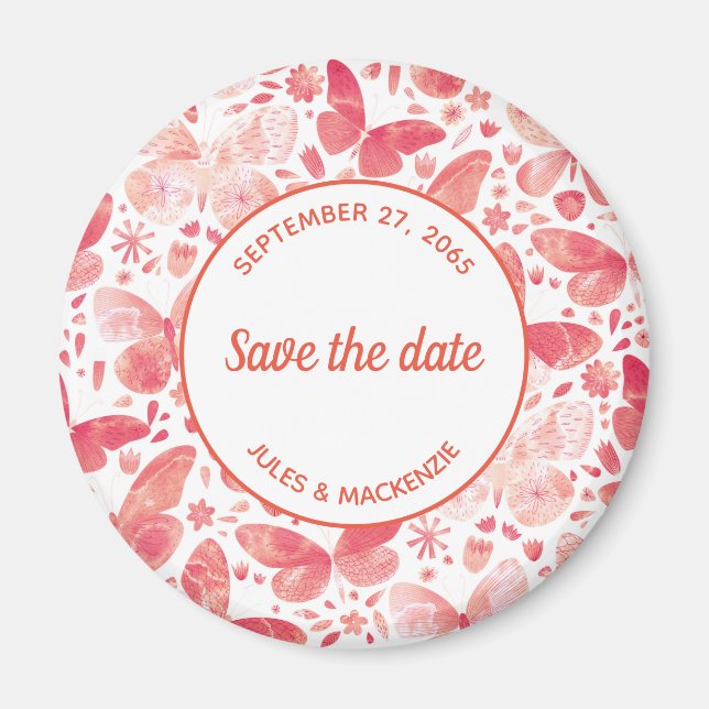Aimant Papillons Aquarelle Coral rose Enregistrer la date (Devant)