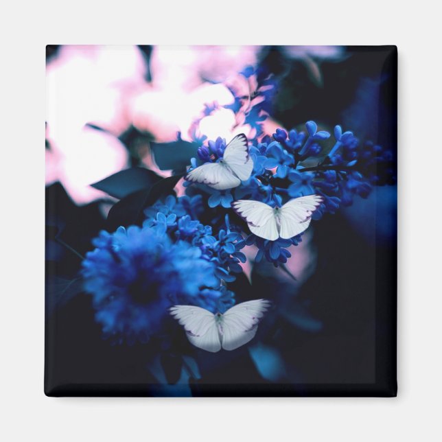 Aimant Papillons blancs Fleurs bleues, papillon (Devant)
