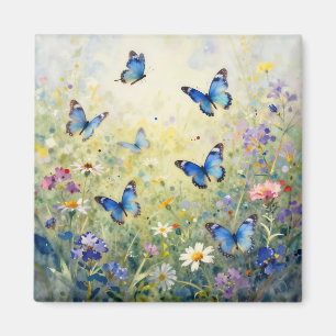 Aimant Papillons Bleus Aquarelle Prairie De Fleurs Sauvag