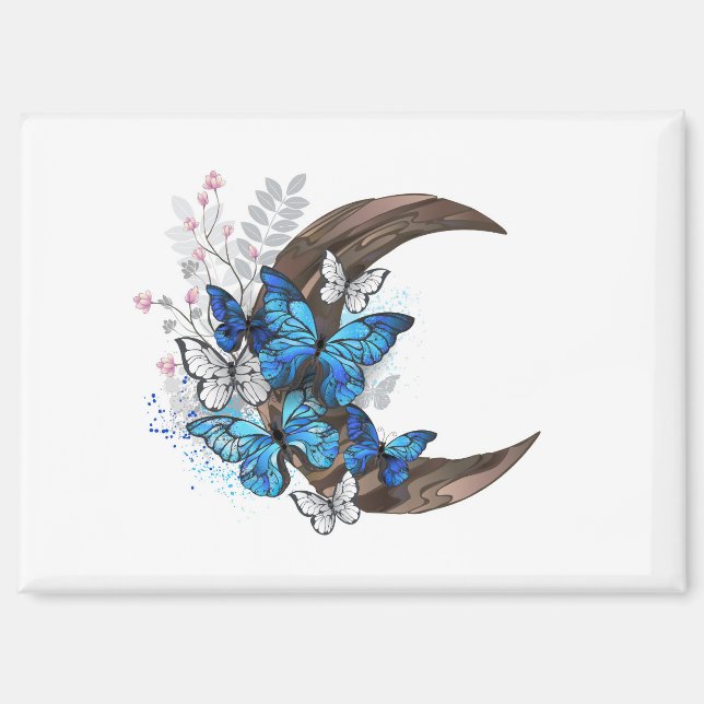 Aimant Papillons bleus sur croissant en bois (Recto)